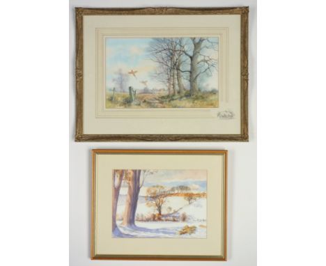 Trevor Parkin (British, b.1935), "Looking Across To The Village", depicting a cock and hen pheasant in flight, a church tower