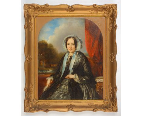 German School, Early 19th Century, Portrait of an English lady wearing a bonnet, black lace mourning dress, and jewels, seate