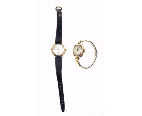 Omega Lady's 9ct gold wristwatch with a circular white enamelled dial with Arabic numerals and seconds dial enclosing a Swiss