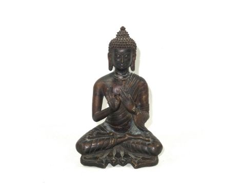 Chinese bronze figure of Buddha, possibly Late Ming Dynasty, 17th Century, seated in Vajrasana with his hands in Dharmachakra