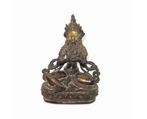 Late 18th-Early 19th Century Tibetan bronze figure of Tara Buddha, finely hollow-cast seated on a lotus throne in Lalitasana,
