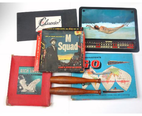 Pair of turned wood juggling skittles, L.40.5cm; Waddington's Go, Scoop, Cluedo, Game of Rich Uncle, Matador, M Squad, Snake 