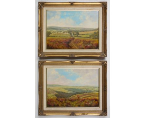 Donald Ayres (British, b.1936), "Looking Towards Exmoor", depicting a huntsman on horseback with hounds, signed, oil on canva