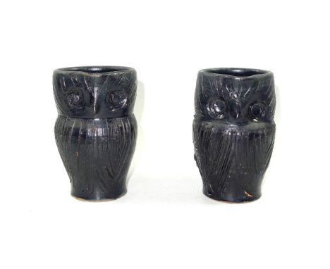 Harris Pottery Farnham, two black glazed owl jugs, with incised decoration and pronounced beak, unmarked to base, each 12cm h
