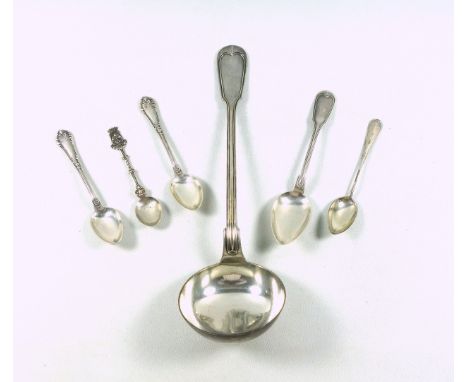 Continental white metal Fiddle and Thread Pattern soup ladle, the handle with a coat of arms and "Renaissance" beneath a crow
