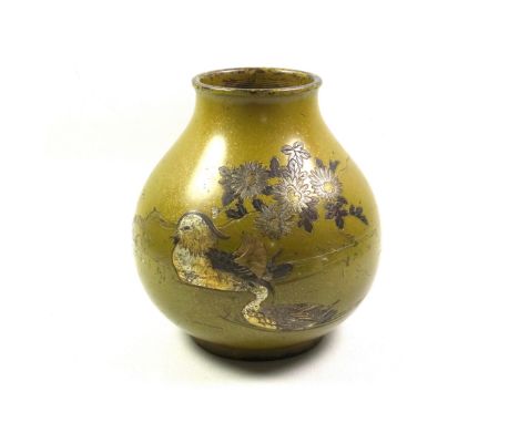 Late 19th-Early 20th Century Japanese bronze spherical vase, the chased mandarin ducks, floral, and landscape decoration with