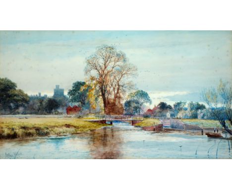 Arthur Willott (1868-1920), Rural landscape scene of a bridge over a river with Windsor Castle in the background, watercolour