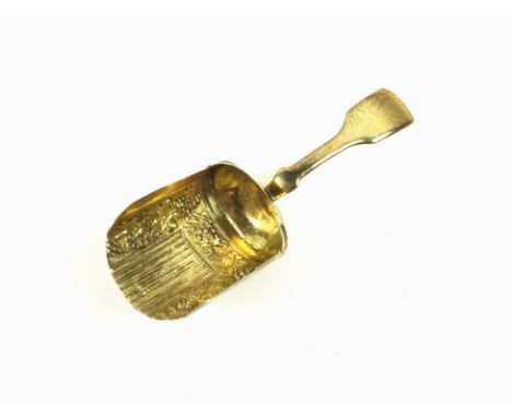 George III silver gilt Fiddle Pattern caddy spoon with a fruiting vine embossed scuttle bowl, by Samuel Pemberton, Birmingham