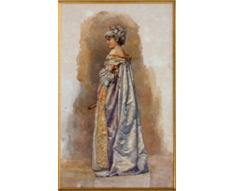 Watercolour portrait of a female standing in pale blue silk robe and holding a fan, unsigned, late 19th/early 20th century, f