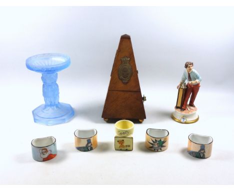 A Maelzel metronome in pyramid form wooden case, a Schweig Mueller & Co Art Deco frosted blue glass centerpiece stand, circa 