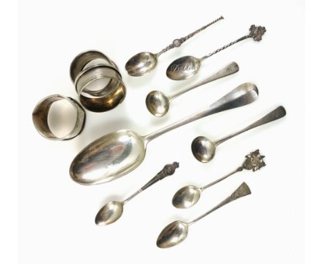 Early George III silver Hanoverian pattern table spoon, (marks partially indistinct); pair of salt spoons, London, 1822; 5 ot