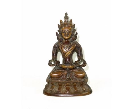 18th Century Tibetan bronze figure of Avalokiteshvara, seated in Vajrasana on a double lotus throne, both hands in Dhyana Mud