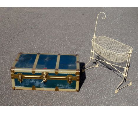 Eatonia Langmuir dark blue steamer trunk with metal bindings and leather handles, 33 x 92 x 53cm approx, and a painted wire w