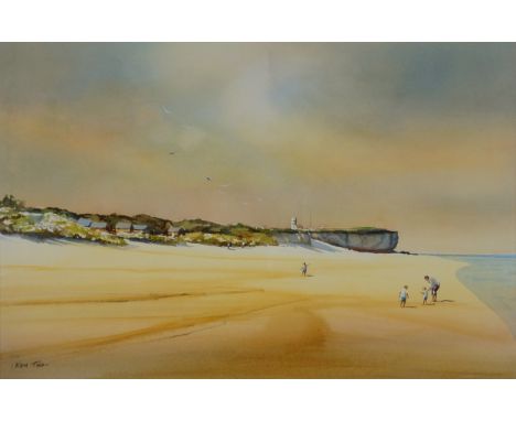 Ken Tidd (British, Contemporary), Coastal landscape, possibly Norfolk, with an adult and 3 children on the beach, a castle on