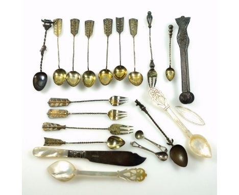 Set of 6 Russian silver gilt coffee spoons, each modelled as an arrow and with a floral picture back bowl, L.11cm; another si