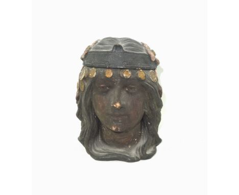 Art Nouveau painted earthenware tobacco jar in the form of a maiden's head wearing decorative headdress and flowers, circa 19