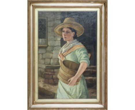 Attributed to Charles Sillem Lidderdale (British, 1831-1895), Portrait of a young lady, wearing a straw hat and floral dress,
