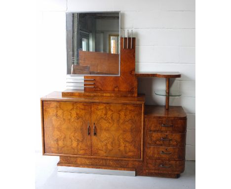 Art Deco Modernist hall cabinet with mirror top, circa 1930, the central cabinet with two hinged doors, four short drawers to