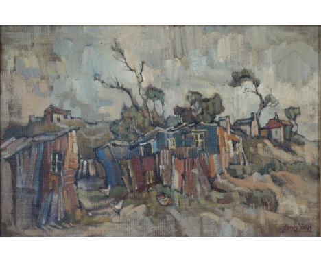 James Yates (South African, b.1944), Landscape of a South African informal settlement with hens and trees, signed, oil on boa