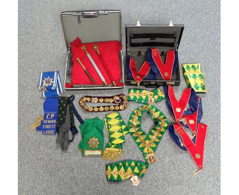 Good collection of the Royal Antediluvian Order of Buffaloes regalia including a turned ringed wood and gilt decorated tipsta