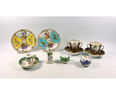 Pair of Late 19th Century Dresden Helena Wolfsohn porcelain quatrefoil cups and saucers, each cup with 2 ear-shaped handles, 