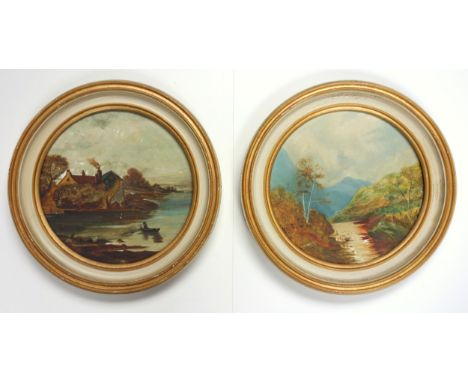 English School, 19th Century, landscape with a river flanked by trees and mountains beyond, oil on white glass, circle, Dia.2