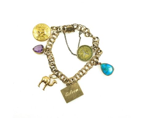 Yellow metal fancy chain link bracelet, stamped 14k, with six attached charms, gross 23.8 grams
