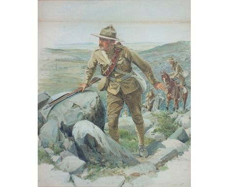 William Barnes Wollen (1857-1936), Study of a South African Soldier in a rocky landscape, 2 other soldiers on horseback and a