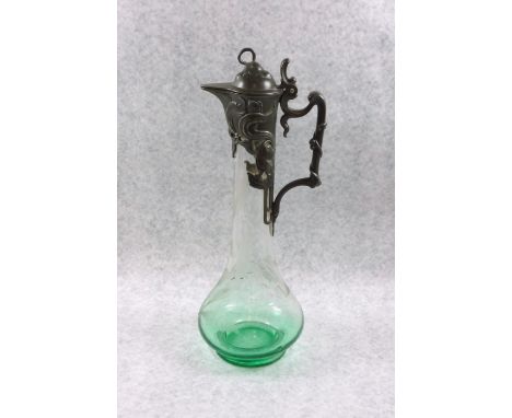 German Art Nouveau WMF pewter mounted tinted glass claret jug, the body gradating from green to clear, and engraved with frui
