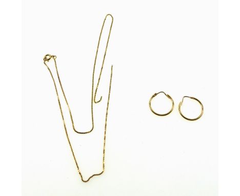 Pair of Italian yellow metal hoop earrings marked "750", and a fine box-link chain marked "750", (a/f), 5.8grs. (3)