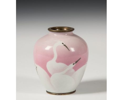 A Japanese cloisonn&eacute; musen enamel vase Meiji period, of tapered globular form with short waisted neck, the pale mushro