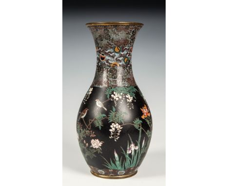 A large Japanese cloisonn&eacute; baluster vase Meiji period, in the manner of Namikawa Yasuyuki, the matt black ground with 