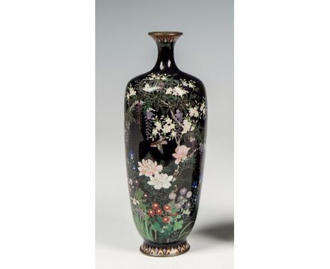 A small, slender Japanese cloisonn&eacute; silver wired vase Meiji period, the black ground with decoration of two sparrows f