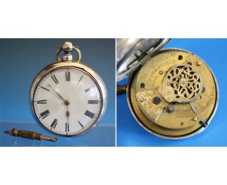 A Victorian silver pair cased pocket watch the cases hallmarked London 1865, the 45mm. white enamel dial with black Roman num