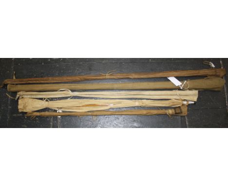 Five vintage fly fishing rods comprising a J. B. Walker 2 piece 9"6 split cane fly rod; a J. B. Walker 3 piece (with spare ti