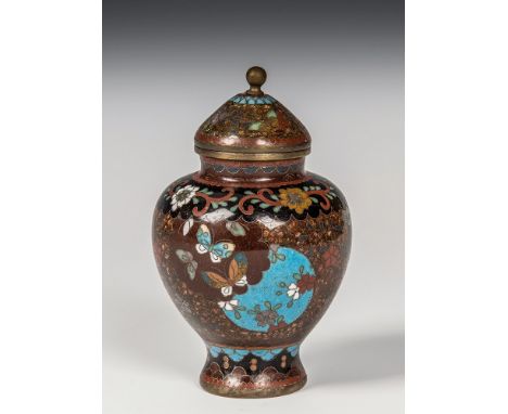 A small Japanese cloisonn&eacute; covered baluster vase Meiji period, the body with circular reserves of floral and butterfly