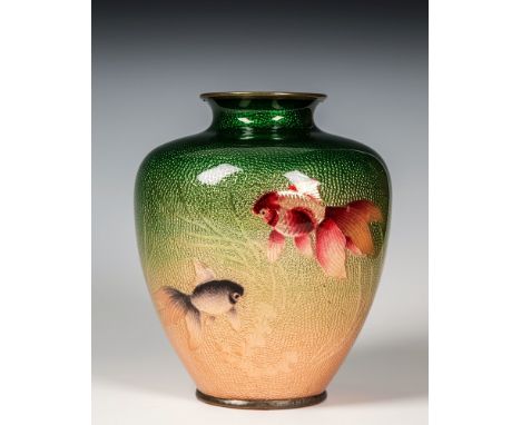 A Japanese tsuiki-jippo cloisonn&eacute; enamel vase Meiji period, of squat ovoid form, the ground incised with four fan-tail