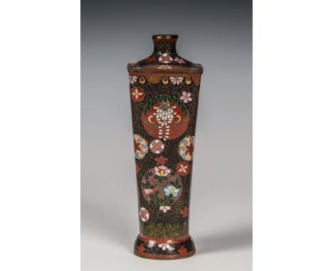 A Japanese cloisonn&eacute; four sided tapered vase Meiji period, the black ground with all-over C-scroll decoration set with