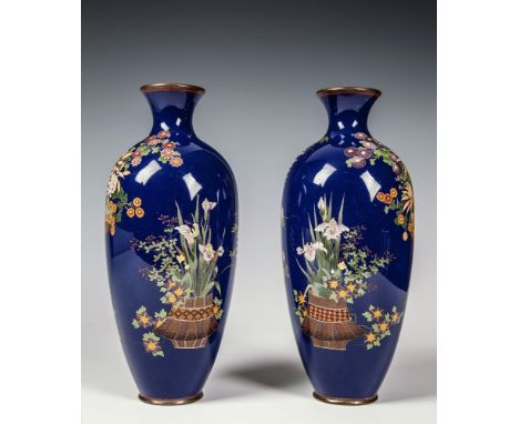 A pair of slender ovoid Japanese cloisonn&eacute; vases Meiji period, the mid-blue ground with extremely fine silver wire dec