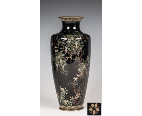 A fine Japanese silver wired cloisonn&eacute; vase Meiji period (1868-1912), of elegant, slender tapering form, decorated wit