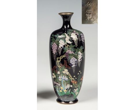 A silver wired Japanese cloisonn&eacute; vase Meiji period, of slender baluster form, the midnight blue ground with two-gauge