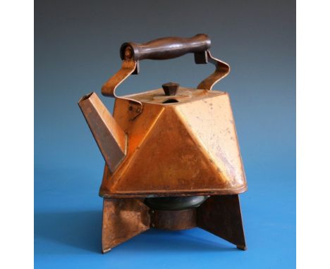 An Art Deco copper spirit kettle 1920s, of unusual geometric design formed of seven opposing triangles, square lid with two a