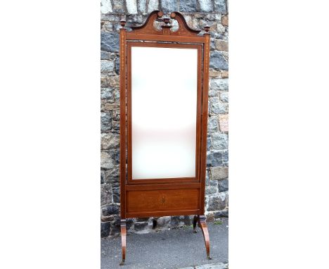 A fine, large and impressive Edwardian marquetry walnut cheval mirror in the Sheraton manner, the rectangular frame with sati