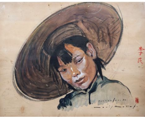 A Chinese watercolour portrait depicting a female figure in a hat, signed and artist's seal lower right, dated '31, hand writ