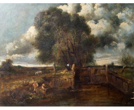 Follower of John Constable (British, 1776-1837) Fisherman at Dedham Lock oil on canvas, unsigned 18½ x 23½in. (47 x 59.75cm.)
