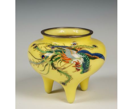 A yellow ground Japanese cloisonn&eacute; censer Meiji period, raised on three tapered tripod supports, decorated to one side