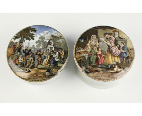 Two Victorian Prattware pot lids Titles 'Letter From The Diggings' and 'The Village Wedding', both with bases. -2