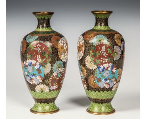 A pair of small Japanese cloisonn&eacute; baluster vases Meiji period, the black ground bodies with C-scroll decoration and v