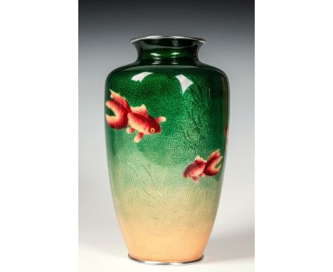 A Japanese tsuiki-jippo 'five carp' cloisonn&eacute; enamel vase Meiji period, the five, incised, fantail fish swimming among