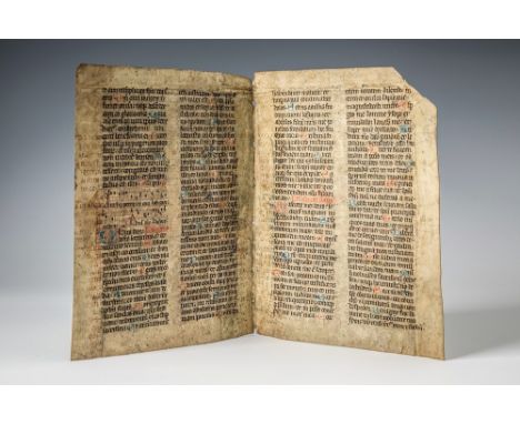 Missal - a bifolium decorated manuscript probably thirteenth century, in Latin, on vellum, the black ink augmented with blue 